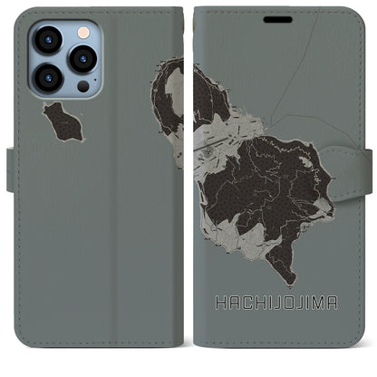 【八丈島（東京都）】地図柄iPhoneケース（手帳タイプ）モノトーン・iPhone 13 Pro Max 用