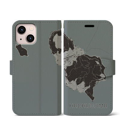【八丈島（東京都）】地図柄iPhoneケース（手帳タイプ）モノトーン・iPhone 13 mini 用