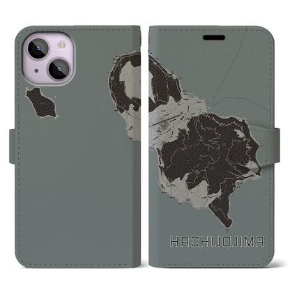 【八丈島（東京都）】地図柄iPhoneケース（手帳タイプ）モノトーン・iPhone 14 用
