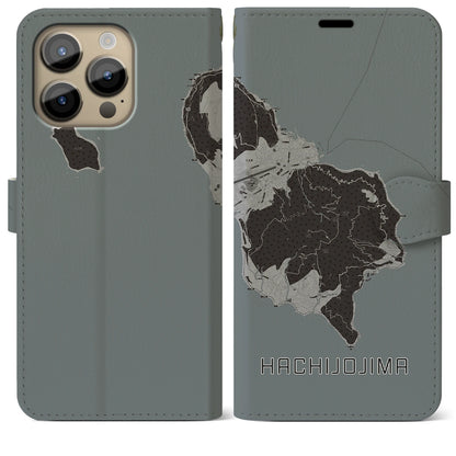 【八丈島（東京都）】地図柄iPhoneケース（手帳タイプ）モノトーン・iPhone 14 Pro Max 用