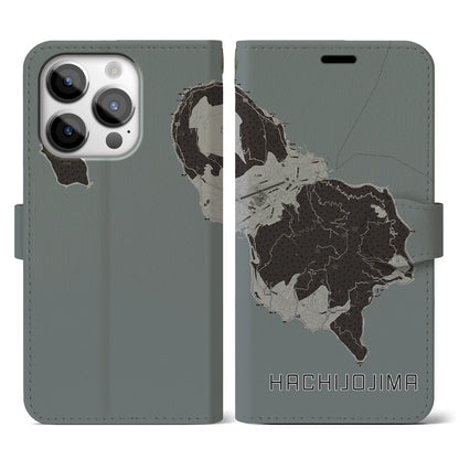 【八丈島（東京都）】地図柄iPhoneケース（手帳タイプ）モノトーン・iPhone 14 Pro 用