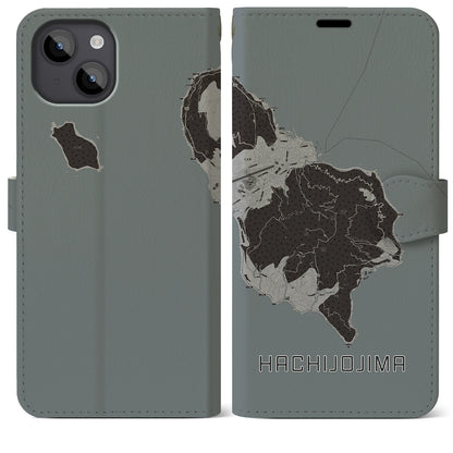 【八丈島（東京都）】地図柄iPhoneケース（手帳タイプ）モノトーン・iPhone 14 Plus 用