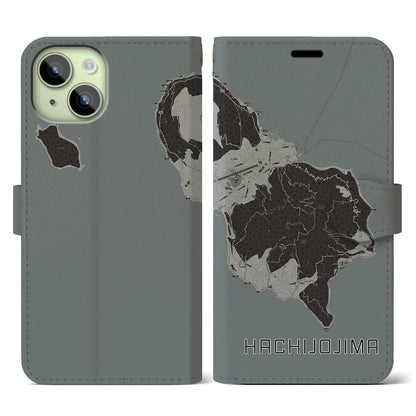 【八丈島（東京都）】地図柄iPhoneケース（手帳タイプ）モノトーン・iPhone 15 用