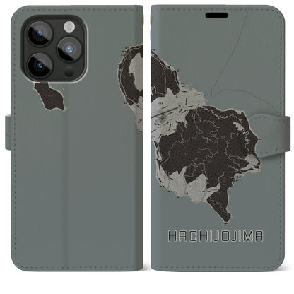 【八丈島（東京都）】地図柄iPhoneケース（手帳タイプ）モノトーン・iPhone 15 Pro Max 用