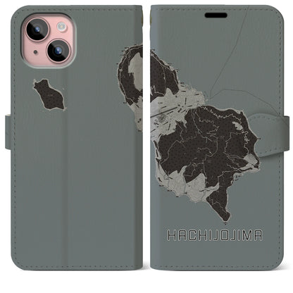 【八丈島（東京都）】地図柄iPhoneケース（手帳タイプ）モノトーン・iPhone 15 Plus 用