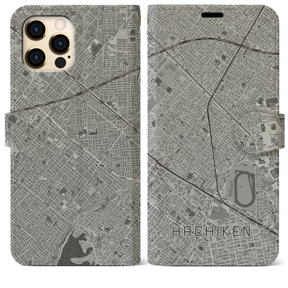 【八軒（北海道）】地図柄iPhoneケース（手帳タイプ）モノトーン・iPhone 12 Pro Max 用