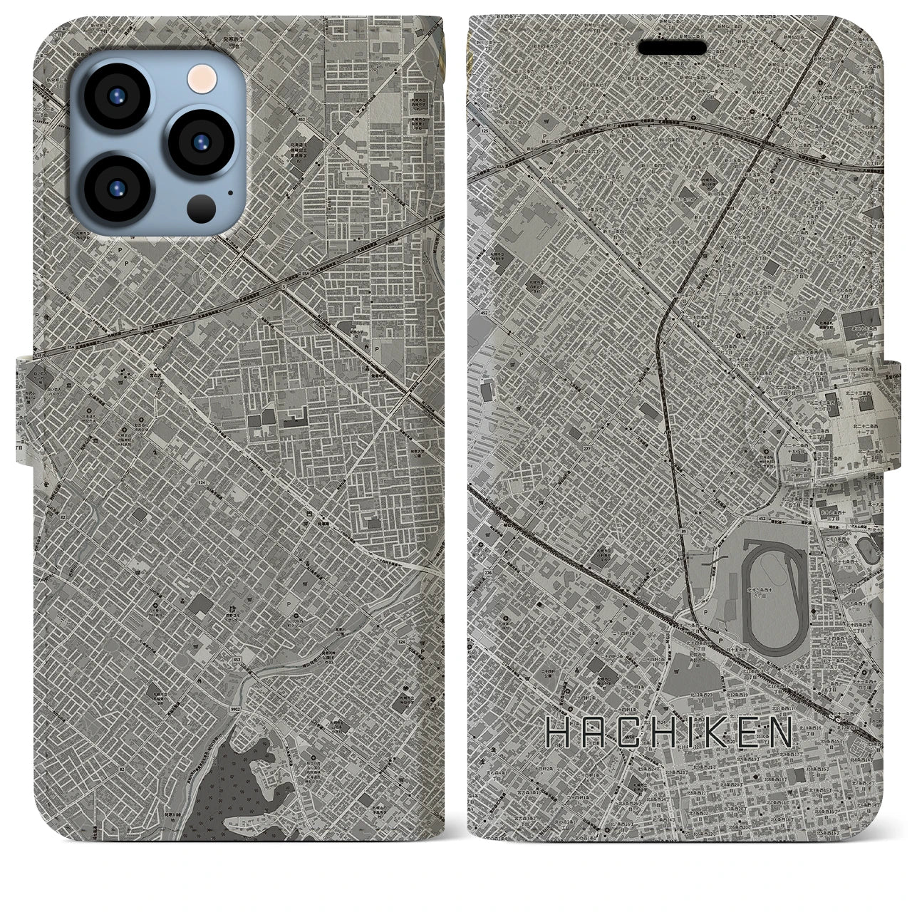 【八軒】地図柄iPhoneケース（手帳両面タイプ・モノトーン）iPhone 13 Pro Max 用