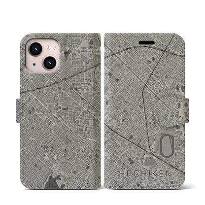 【八軒（北海道）】地図柄iPhoneケース（手帳タイプ）モノトーン・iPhone 13 mini 用