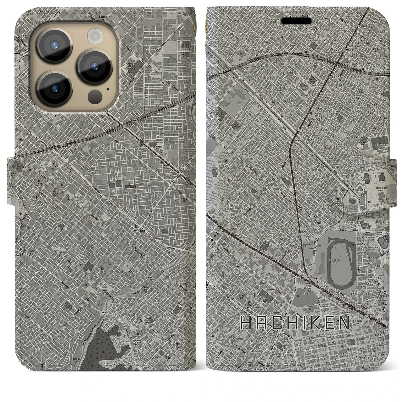【八軒】地図柄iPhoneケース（手帳両面タイプ・モノトーン）iPhone 14 Pro Max 用