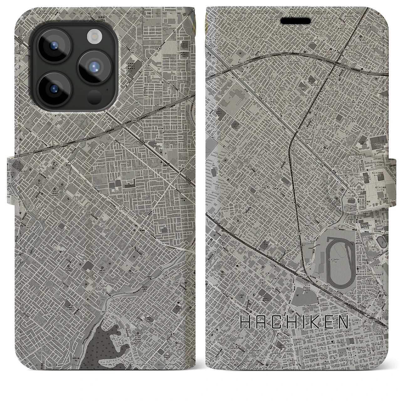 【八軒】地図柄iPhoneケース（手帳両面タイプ・モノトーン）iPhone 15 Pro Max 用
