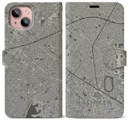 【八軒（北海道）】地図柄iPhoneケース（手帳タイプ）モノトーン・iPhone 15 Plus 用