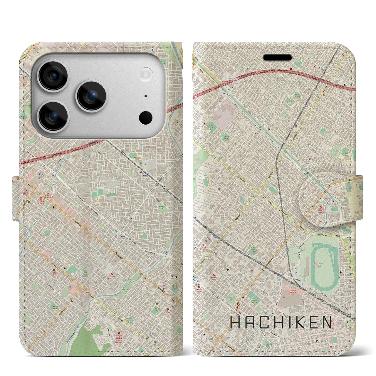 【八軒（北海道）】地図柄iPhoneケース（手帳タイプ）ナチュラル・iPhone 17 Pro Max 用