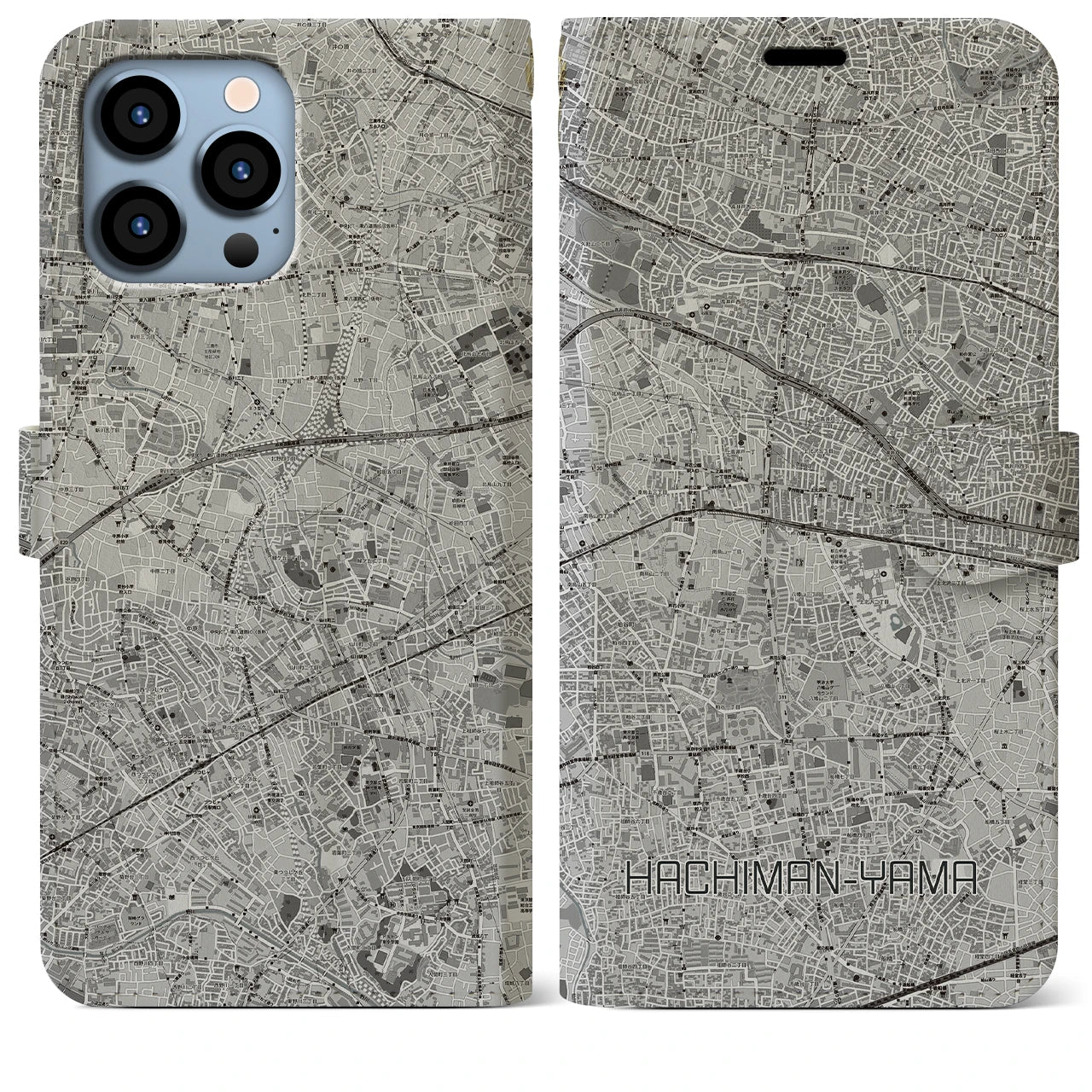 【八幡山】地図柄iPhoneケース（手帳両面タイプ・モノトーン）iPhone 13 Pro Max 用