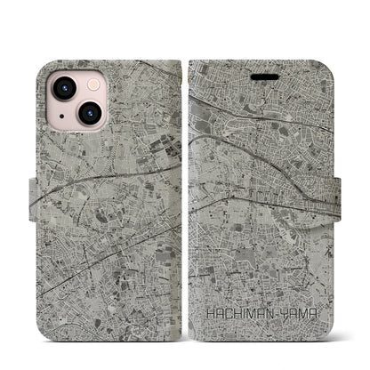 【八幡山（東京都）】地図柄iPhoneケース（手帳タイプ）モノトーン・iPhone 13 mini 用