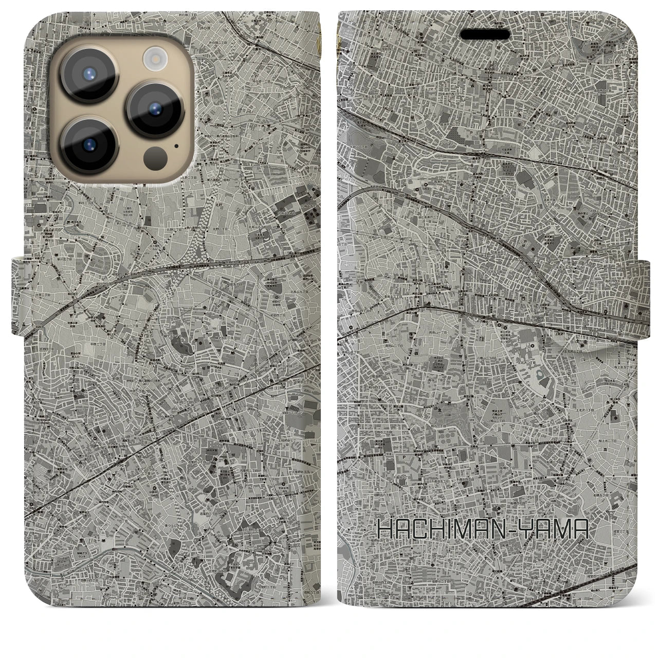 【八幡山】地図柄iPhoneケース（手帳両面タイプ・モノトーン）iPhone 14 Pro Max 用