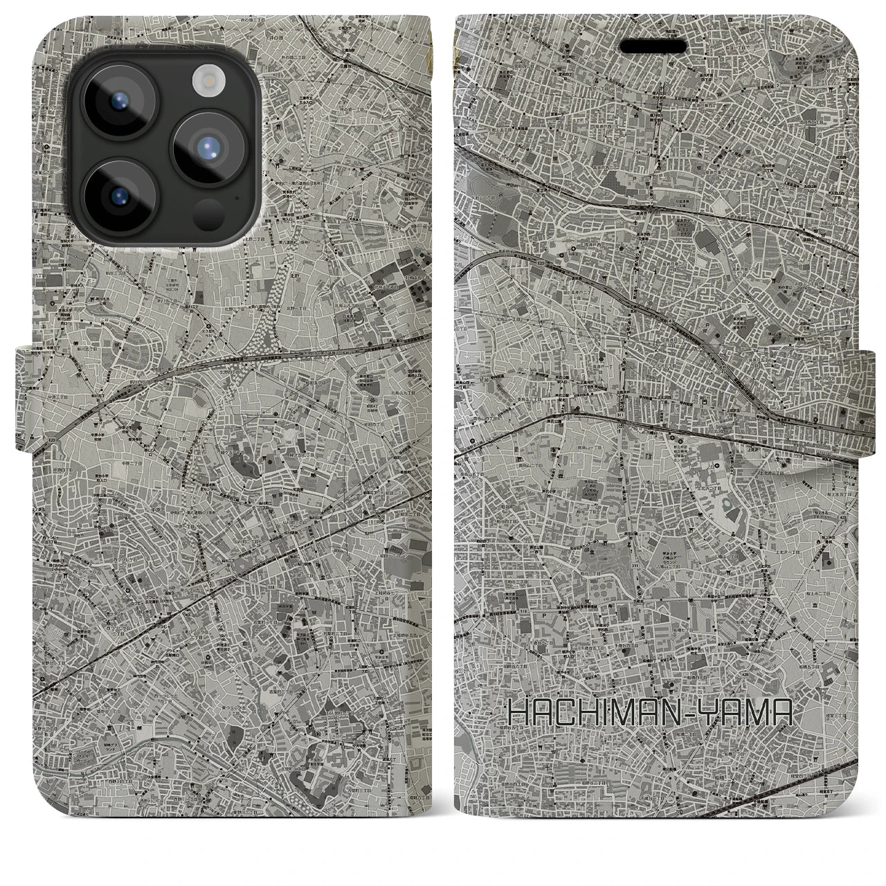 【八幡山】地図柄iPhoneケース（手帳両面タイプ・モノトーン）iPhone 15 Pro Max 用