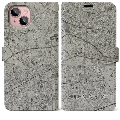 【八幡山（東京都）】地図柄iPhoneケース（手帳タイプ）モノトーン・iPhone 15 Plus 用