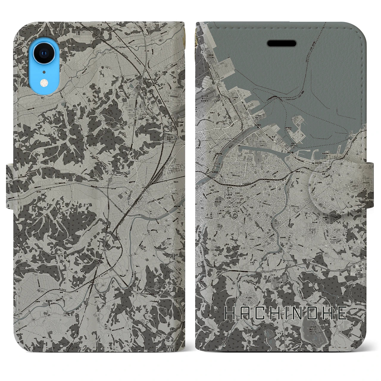 【八戸】地図柄iPhoneケース（手帳両面タイプ・モノトーン）iPhone XR 用