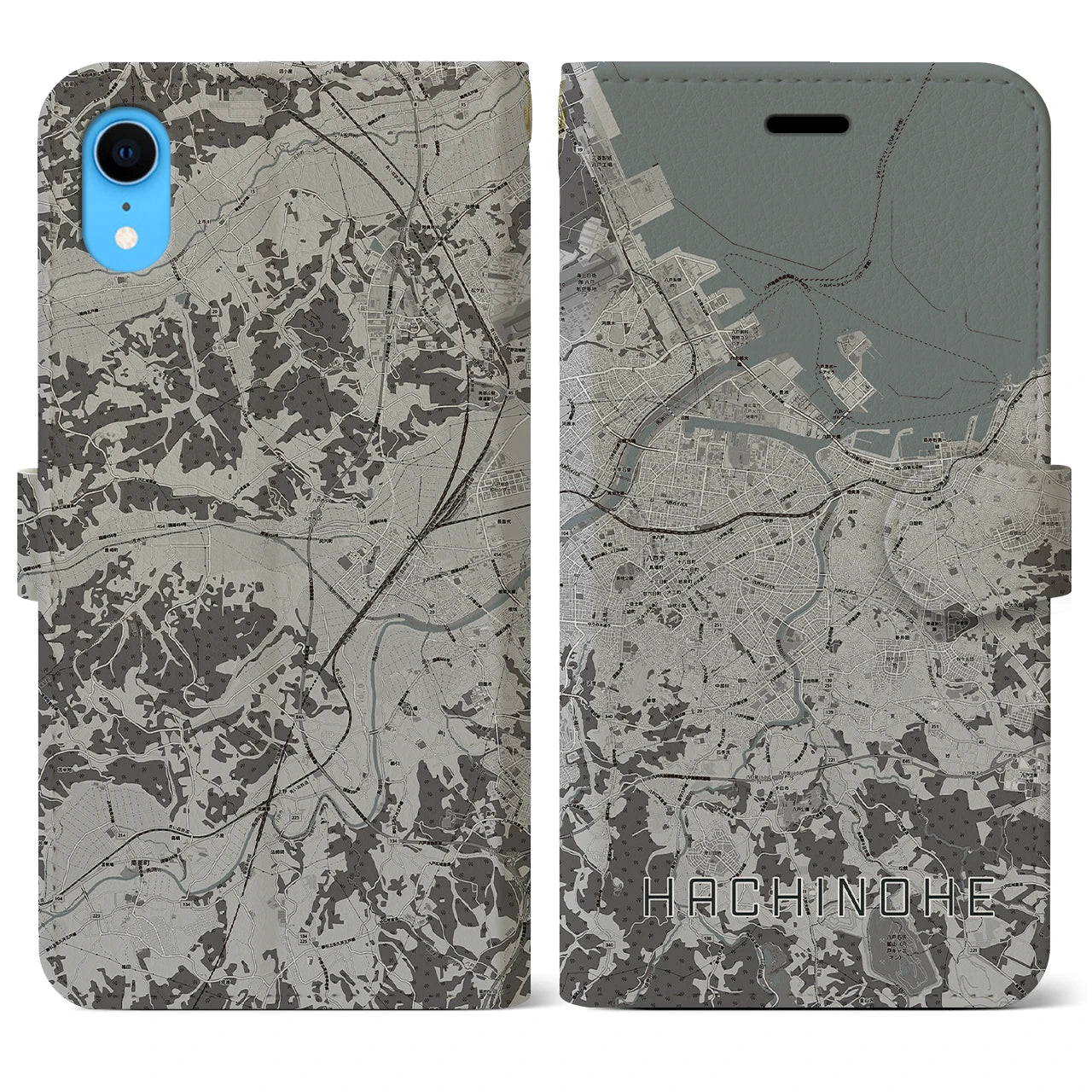 【八戸（青森県）】地図柄iPhoneケース（手帳タイプ）モノトーン・iPhone XR 用