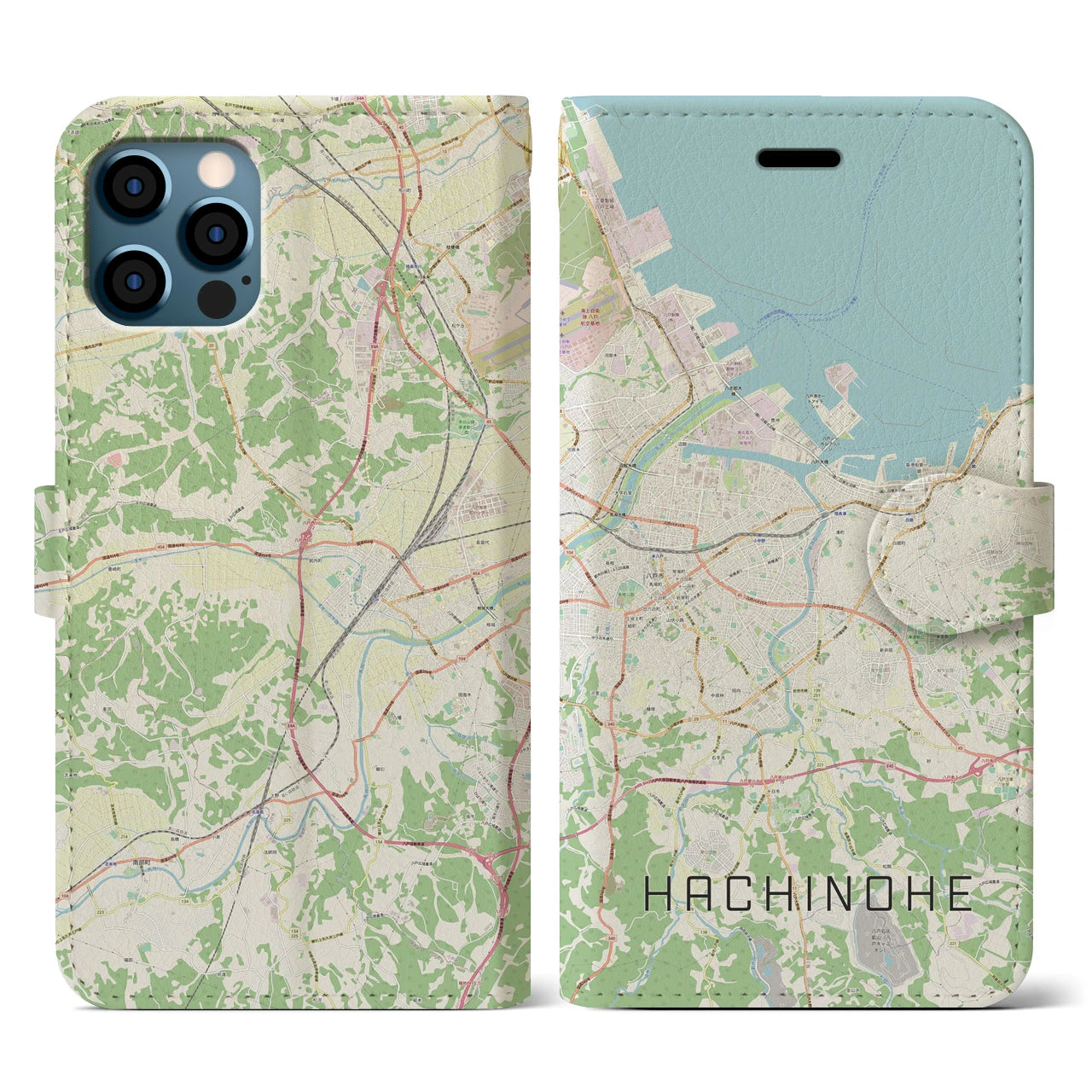 【八戸（青森県）】地図柄iPhoneケース（手帳タイプ）ナチュラル・iPhone 12 / 12 Pro 用