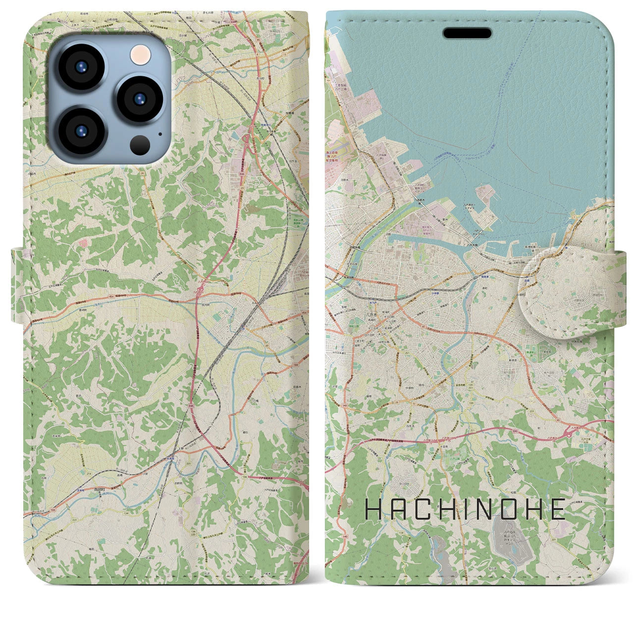 【八戸（青森県）】地図柄iPhoneケース（手帳タイプ）ナチュラル・iPhone 13 Pro Max 用