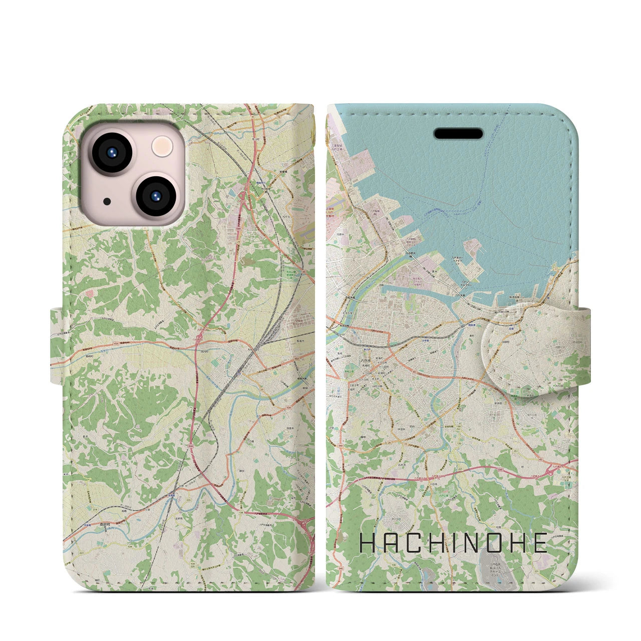 【八戸（青森県）】地図柄iPhoneケース（手帳タイプ）ナチュラル・iPhone 13 mini 用