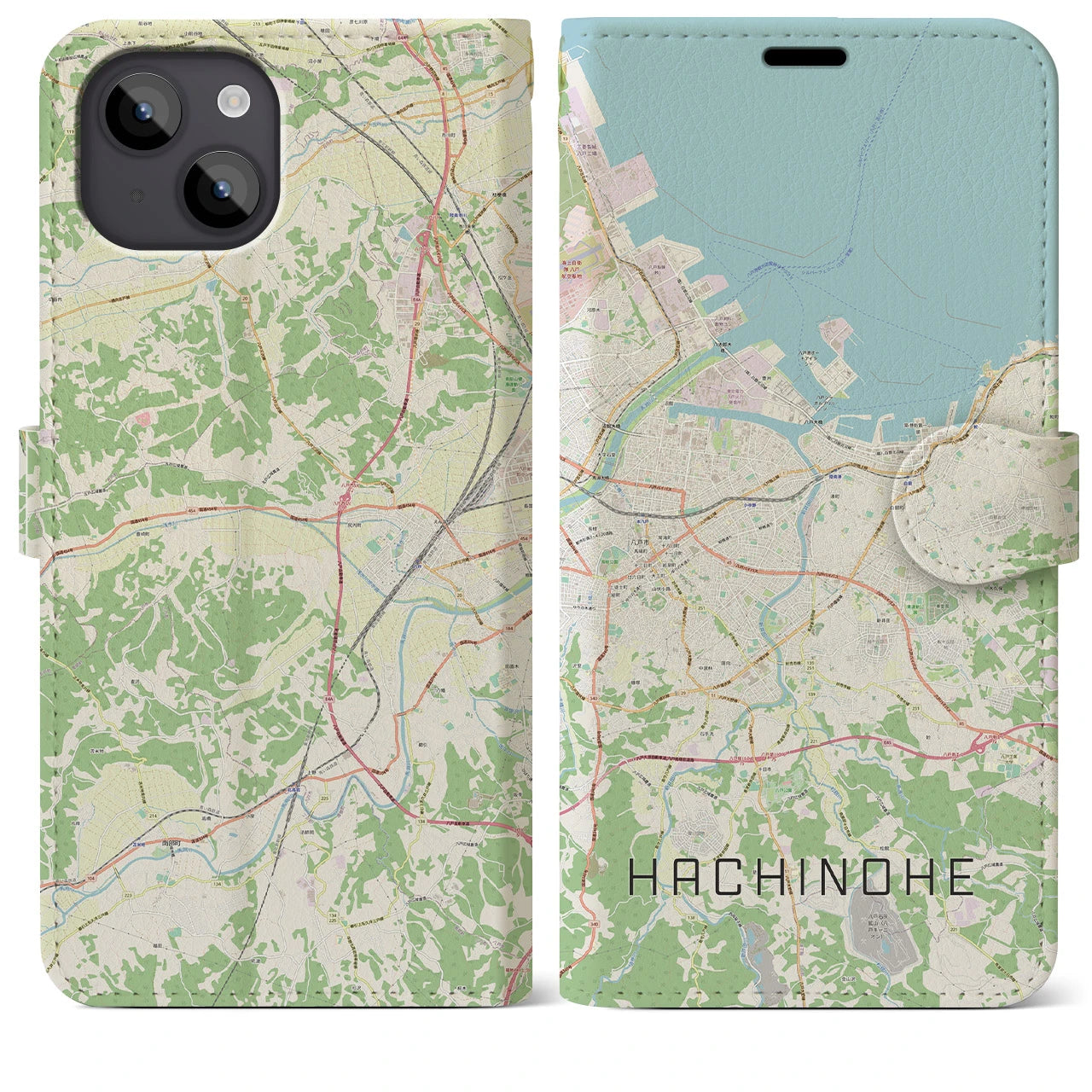 【八戸（青森県）】地図柄iPhoneケース（手帳タイプ）ナチュラル・iPhone 14 Plus 用