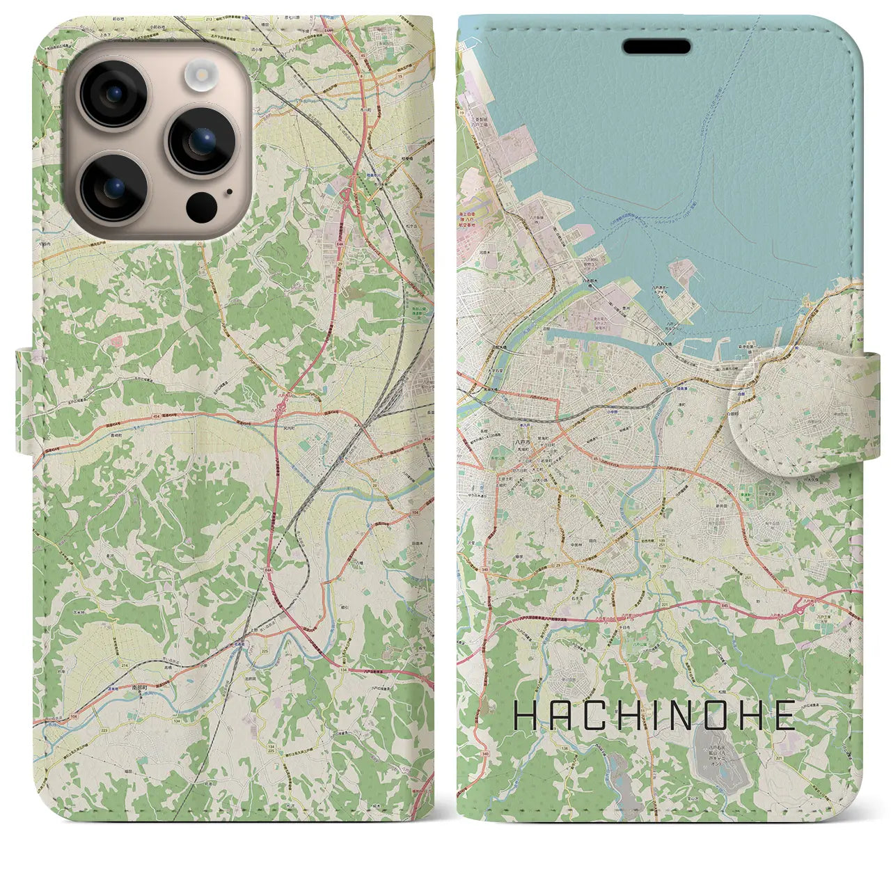 【八戸（青森県）】地図柄iPhoneケース（手帳タイプ）ナチュラル・iPhone 16 Plus 用