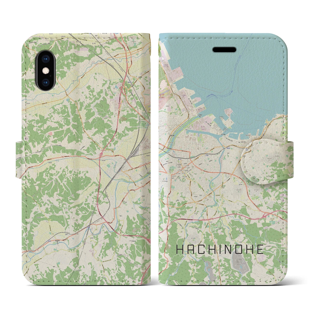 【八戸（青森県）】地図柄iPhoneケース（手帳タイプ）ナチュラル・iPhone XS / X 用