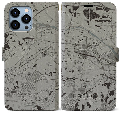 【八王子（東京都）】地図柄iPhoneケース（手帳タイプ）モノトーン・iPhone 13 Pro Max 用
