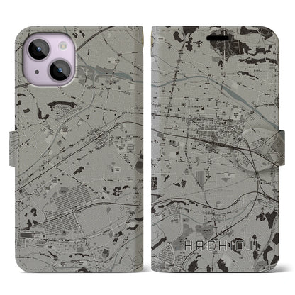 【八王子（東京都）】地図柄iPhoneケース（手帳タイプ）モノトーン・iPhone 14 用