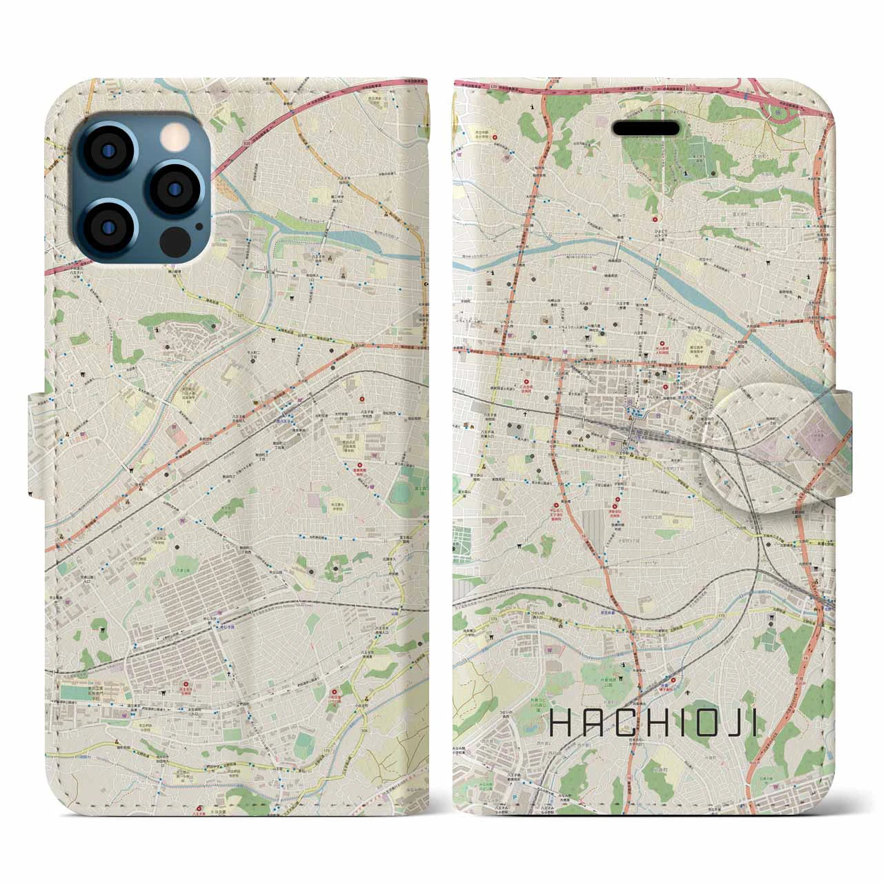 【八王子（東京都）】地図柄iPhoneケース（手帳タイプ）ナチュラル・iPhone 12 / 12 Pro 用