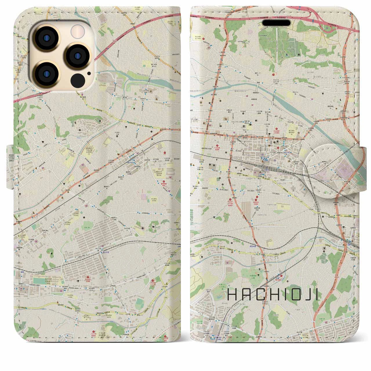 【八王子（東京都）】地図柄iPhoneケース（手帳タイプ）ナチュラル・iPhone 12 Pro Max 用