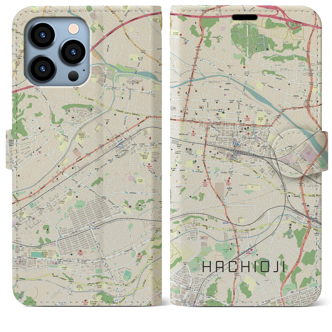 【八王子（東京都）】地図柄iPhoneケース（手帳タイプ）ナチュラル・iPhone 13 Pro Max 用