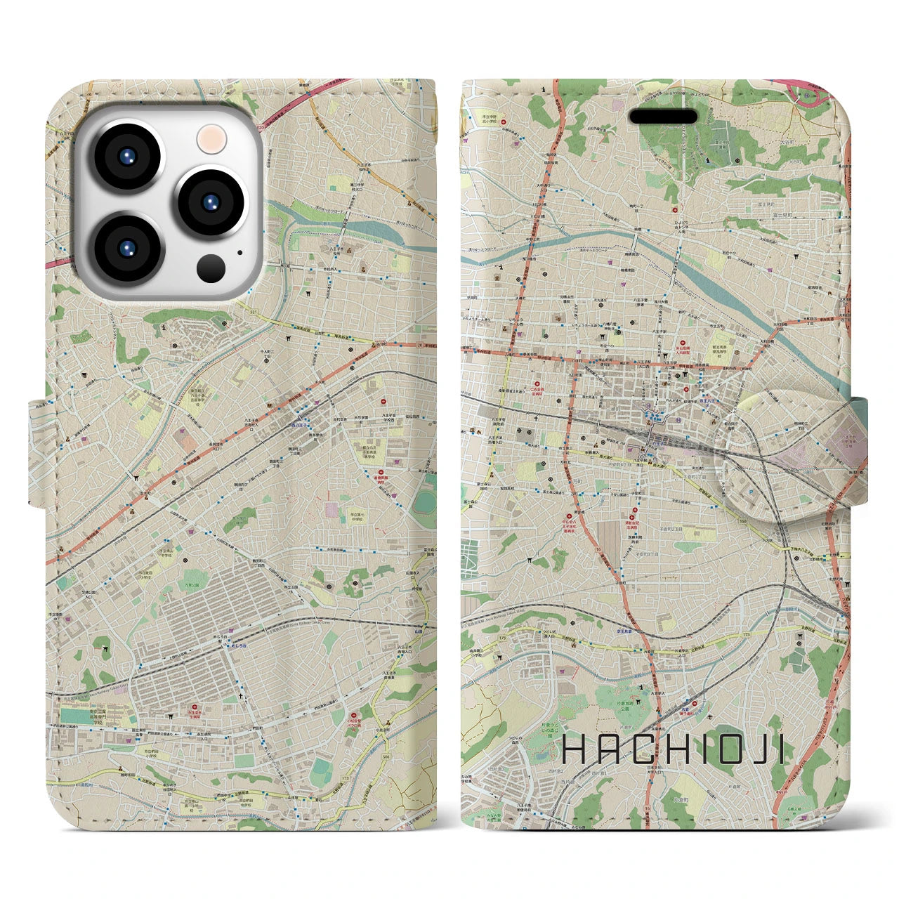 【八王子（東京都）】地図柄iPhoneケース（手帳タイプ）ナチュラル・iPhone 13 Pro 用