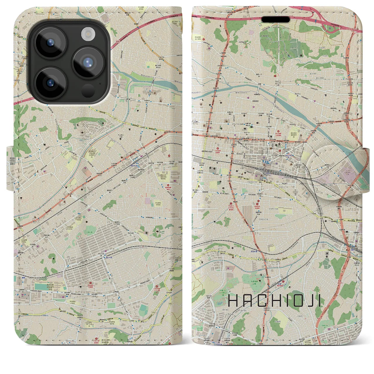 【八王子（東京都）】地図柄iPhoneケース（手帳タイプ）ナチュラル・iPhone 15 Pro Max 用