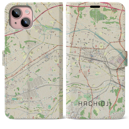 【八王子（東京都）】地図柄iPhoneケース（手帳タイプ）ナチュラル・iPhone 15 Plus 用