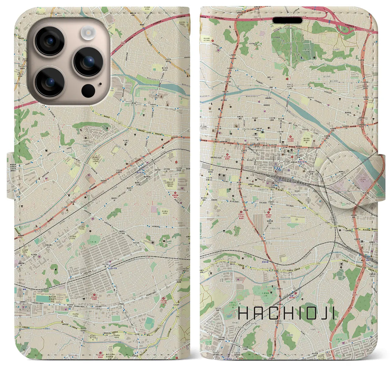 【八王子（東京都）】地図柄iPhoneケース（手帳タイプ）ナチュラル・iPhone 16 Plus 用