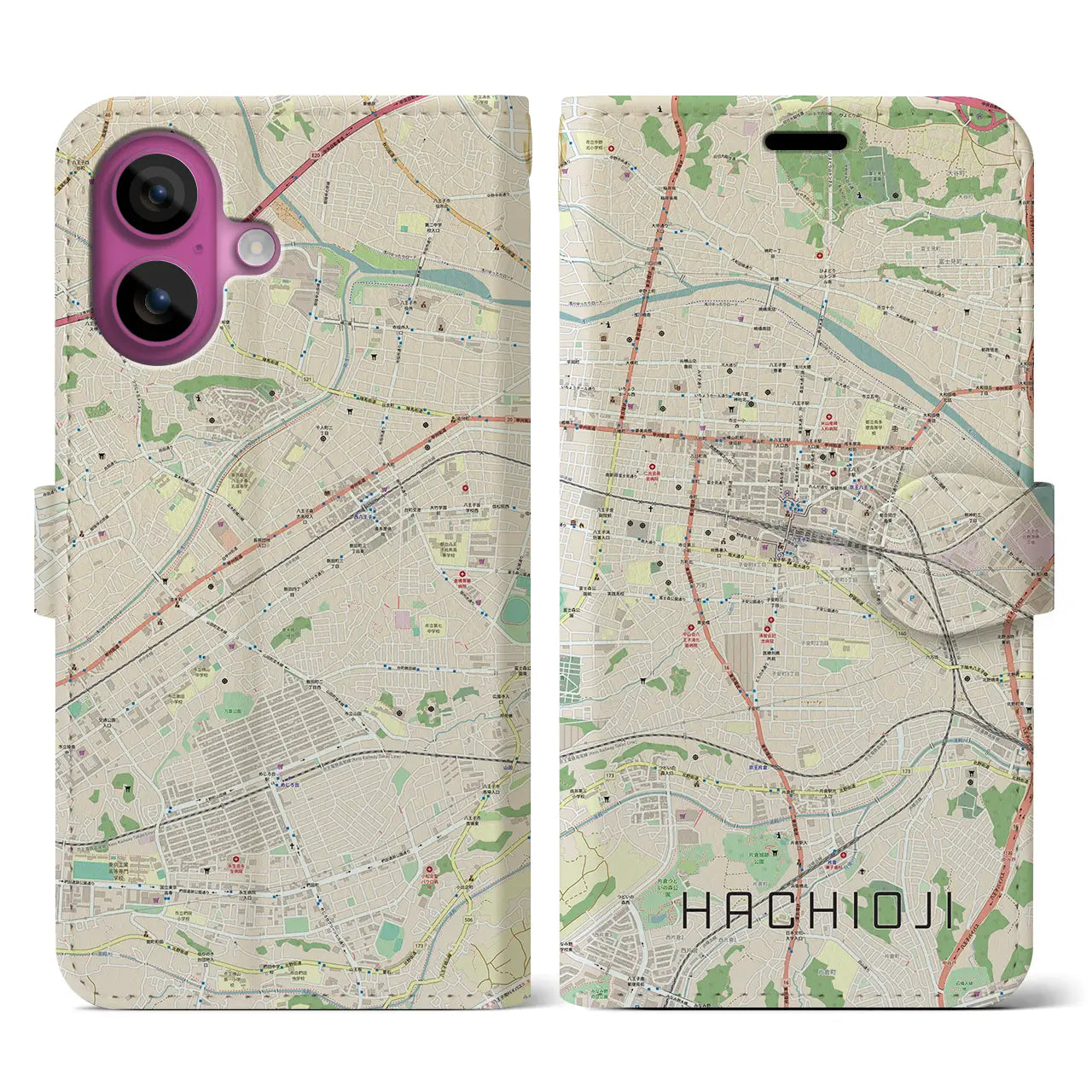 【八王子（東京都）】地図柄iPhoneケース（手帳タイプ）ナチュラル・iPhone 16 Pro 用