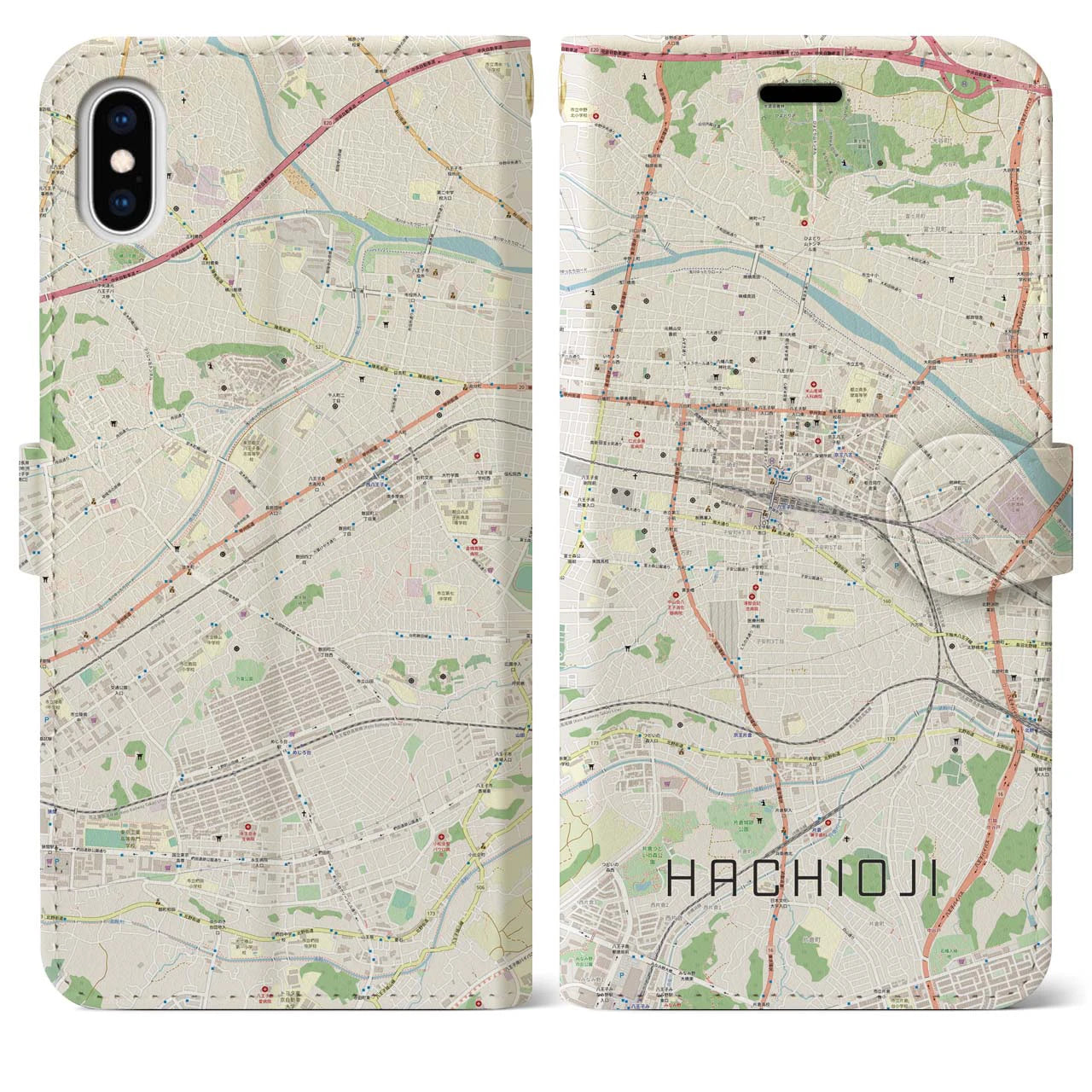 【八王子（東京都）】地図柄iPhoneケース（手帳タイプ）ナチュラル・iPhone XS Max 用