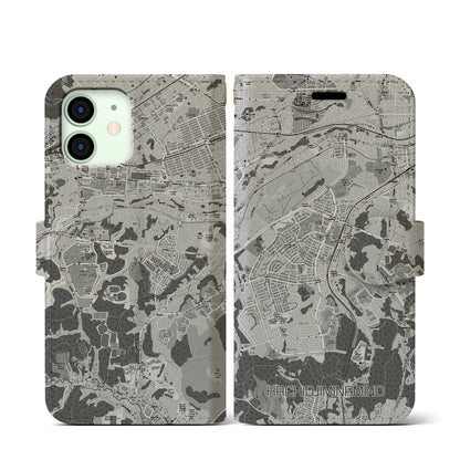 【八王子みなみ野（東京都）】地図柄iPhoneケース（手帳タイプ）モノトーン・iPhone 12 mini 用