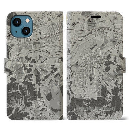 【八王子みなみ野（東京都）】地図柄iPhoneケース（手帳タイプ）モノトーン・iPhone 13 用