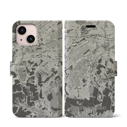 【八王子みなみ野（東京都）】地図柄iPhoneケース（手帳タイプ）モノトーン・iPhone 13 mini 用