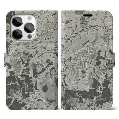 【八王子みなみ野（東京都）】地図柄iPhoneケース（手帳タイプ）モノトーン・iPhone 14 Pro 用