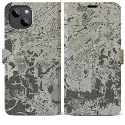 【八王子みなみ野（東京都）】地図柄iPhoneケース（手帳タイプ）モノトーン・iPhone 14 Plus 用