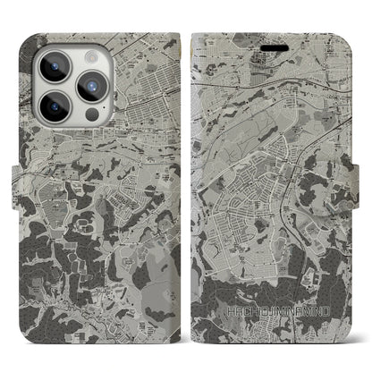 【八王子みなみ野（東京都）】地図柄iPhoneケース（手帳タイプ）モノトーン・iPhone 15 Pro 用