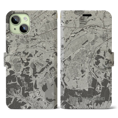 【八王子みなみ野（東京都）】地図柄iPhoneケース（手帳タイプ）モノトーン・iPhone 15 用