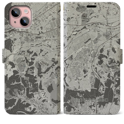 【八王子みなみ野（東京都）】地図柄iPhoneケース（手帳タイプ）モノトーン・iPhone 15 Plus 用