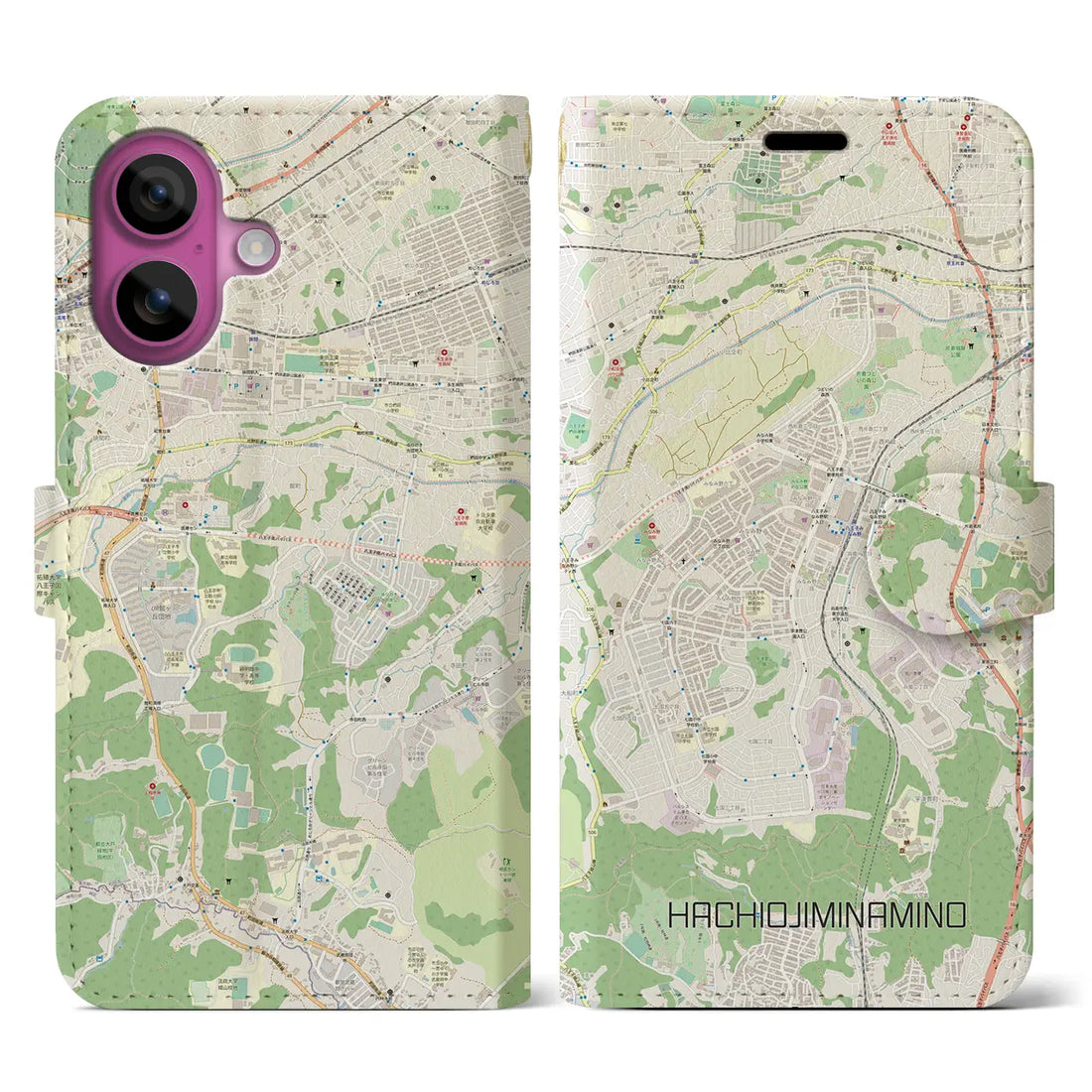 【八王子みなみ野（東京都）】地図柄iPhoneケース（手帳タイプ）ナチュラル・iPhone 16 Pro 用