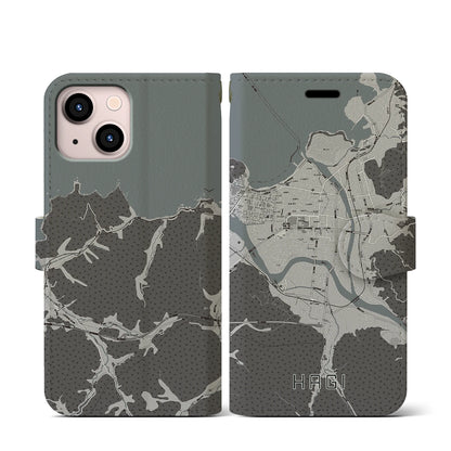 【萩2（山口県）】地図柄iPhoneケース（手帳タイプ）モノトーン・iPhone 13 mini 用